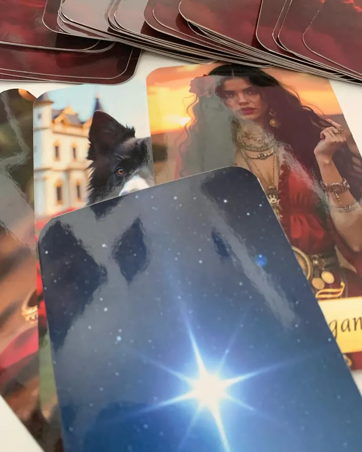 Cartas do baralho cigano da Kakau abertas sobre a mesa, com o verso vermelho e dourado ao fundo